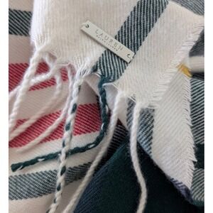 Ralph Lauren Plaid Scarf Cream Navy Green Red Yellow Fringe 72"x30" Wrap